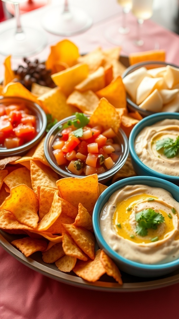 Delicious Chips Platter Recipe A colorful chips platter with tortilla, potato, and pita chips, served with salsa, guacamole, and hummus.